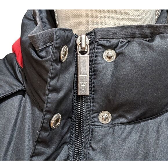 Tommy Hilfiger Black Faux Fur Hood Quilted Puffer Jacket Cinched Waist Size S - Picture 14 of 16